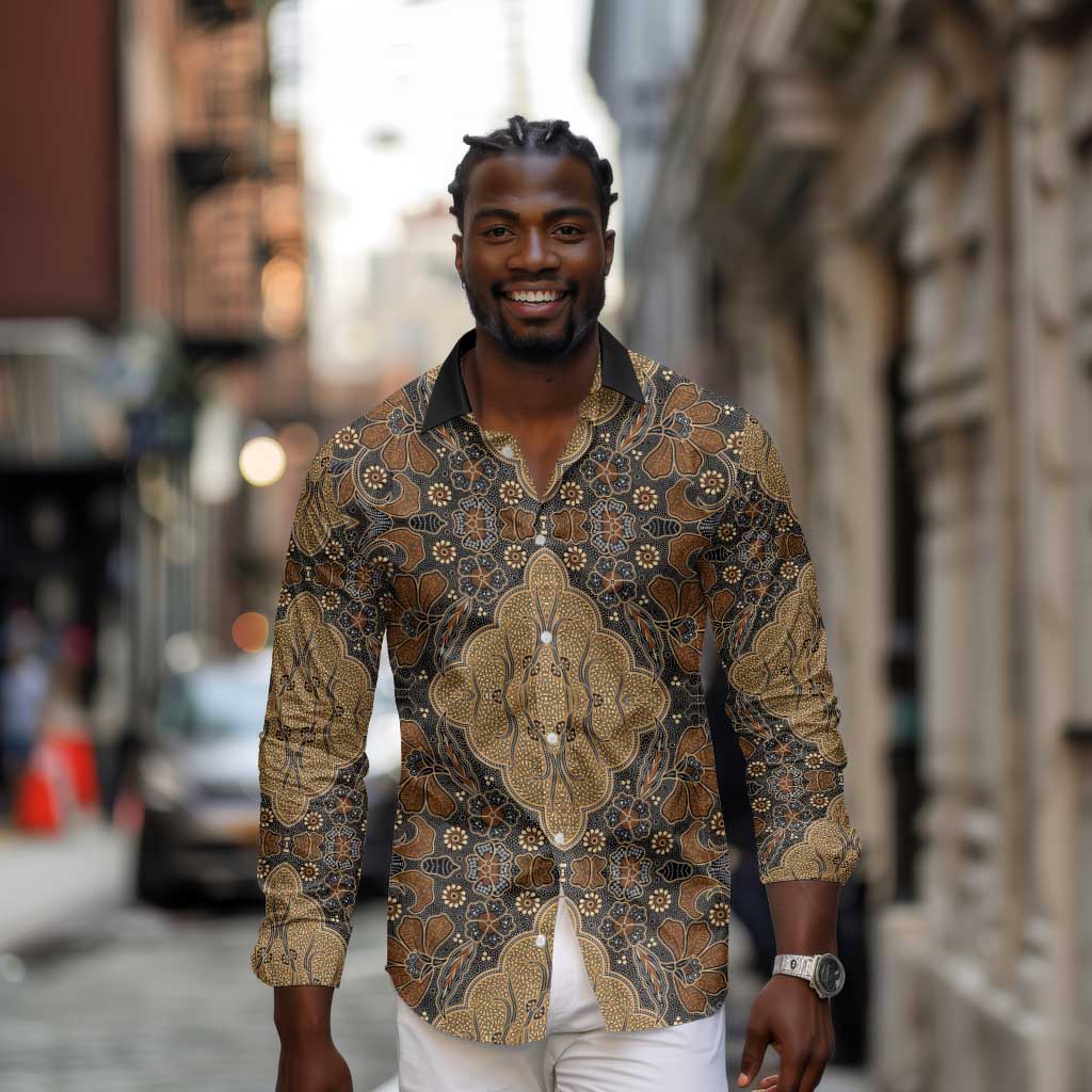 Madiba Nelson Mandela Batik Long Sleeve Button Shirt Earthy Brown Indonesia Heritage - African Pride