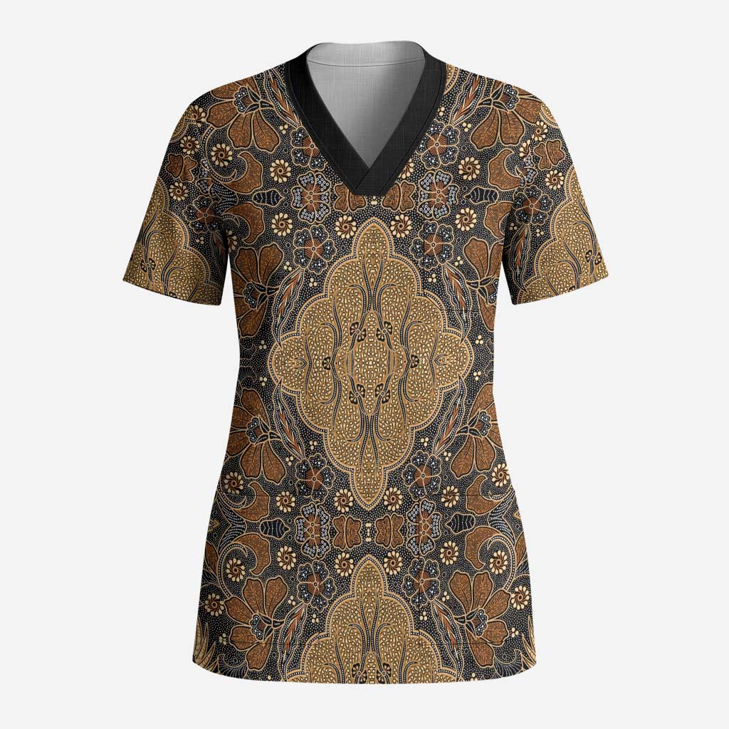 Madiba Nelson Mandela Scrub Top Indonesia Batik Earthy Brown - African Pride