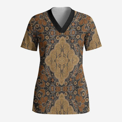 Madiba Nelson Mandela Scrub Top Indonesia Batik Earthy Brown - African Pride