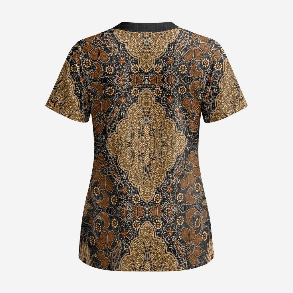 Madiba Nelson Mandela Scrub Top Indonesia Batik Earthy Brown - African Pride