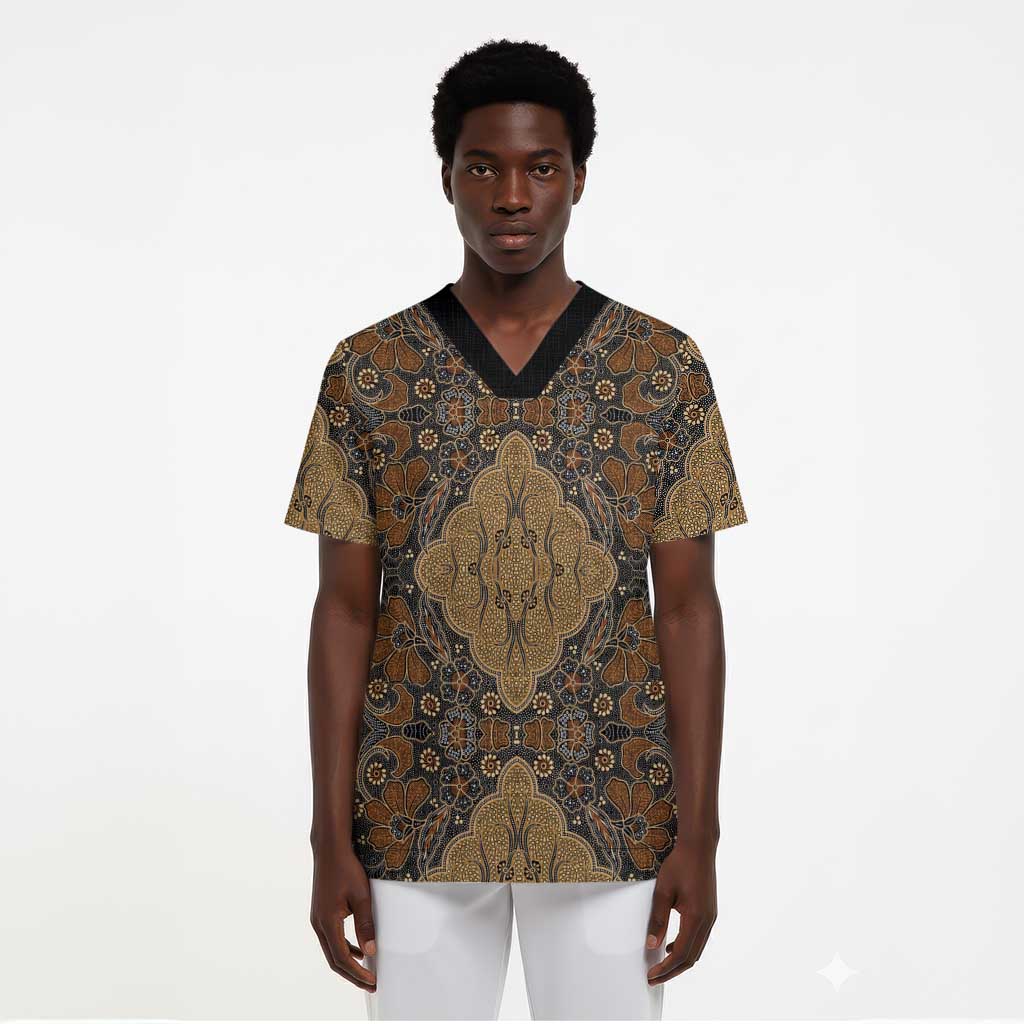 Madiba Nelson Mandela Scrub Top Indonesia Batik Earthy Brown - African Pride