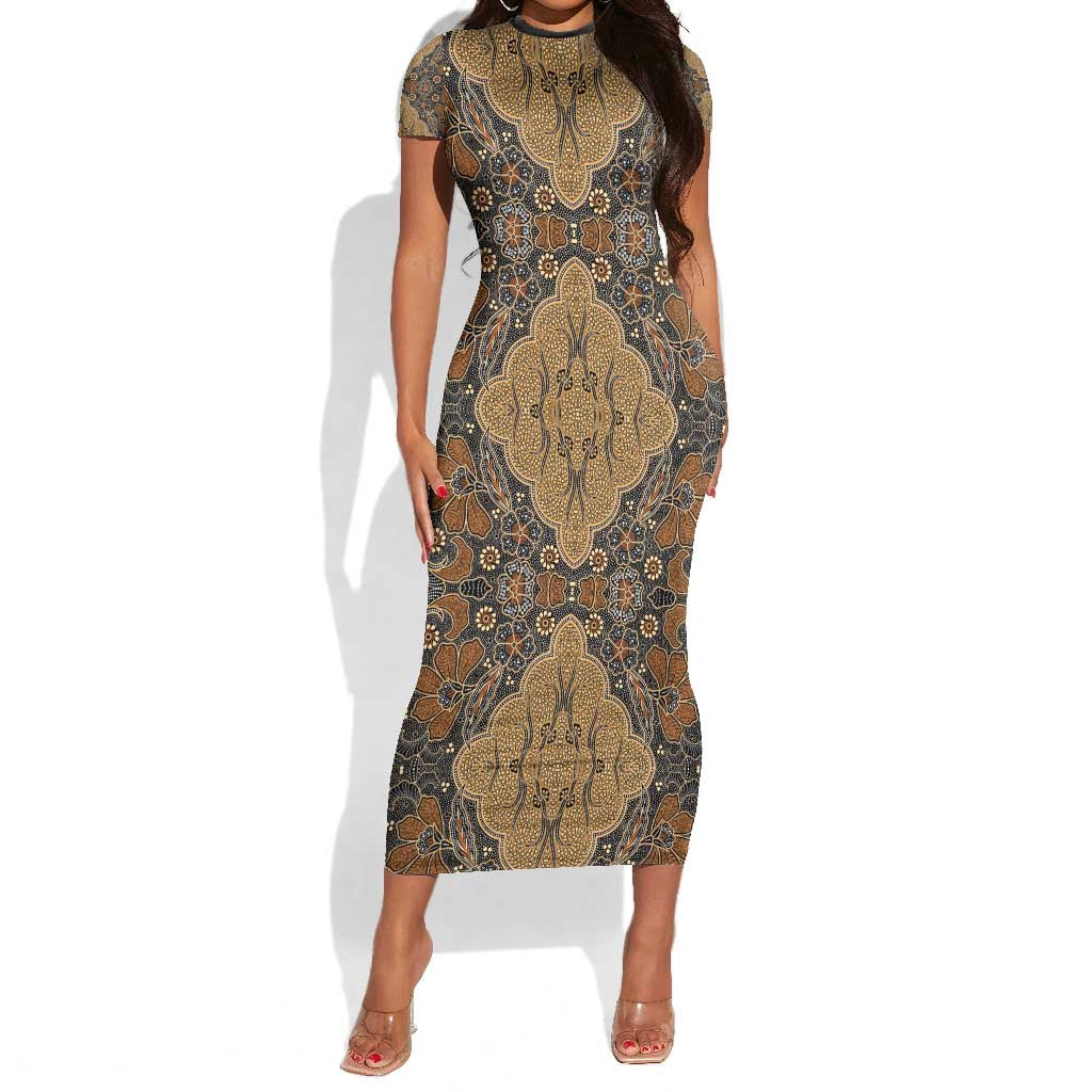 Madiba Nelson Mandela Batik Short Sleeve Bodycon Dress Earthy Brown Indonesia Heritage - African Pride