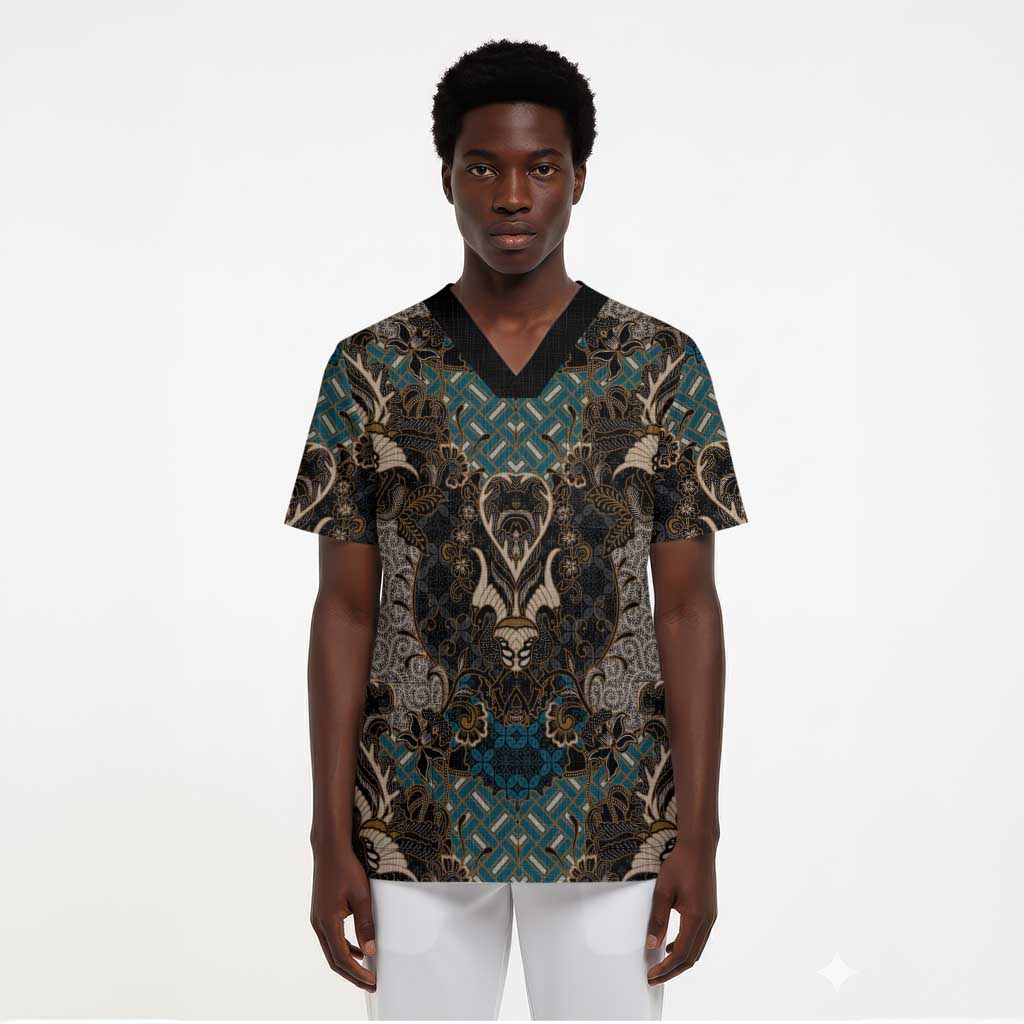 Madiba Nelson Mandela Scrub Top Indonesia Batik Black - African Pride
