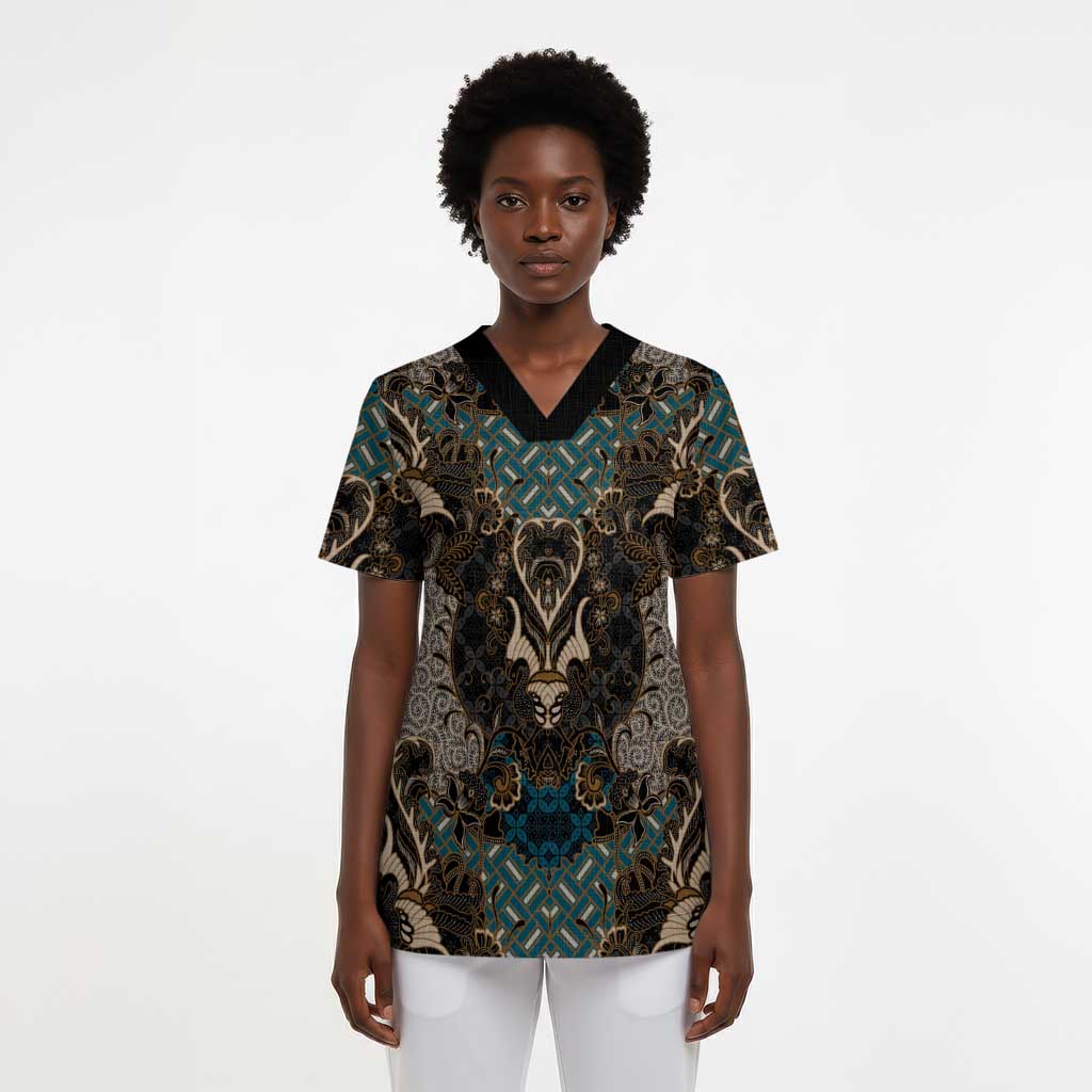 Madiba Nelson Mandela Scrub Top Indonesia Batik Black - African Pride