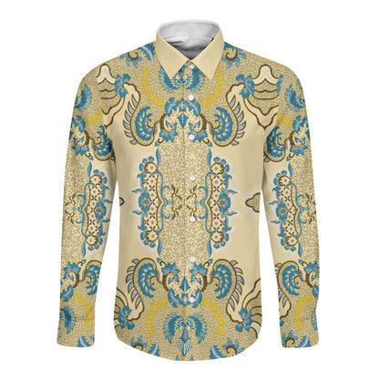 Madiba Nelson Mandela Batik Long Sleeve Button Shirt Yellow Blue Indonesia Heritage - African Pride
