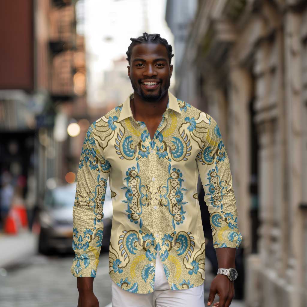 Madiba Nelson Mandela Batik Long Sleeve Button Shirt Yellow Blue Indonesia Heritage - African Pride