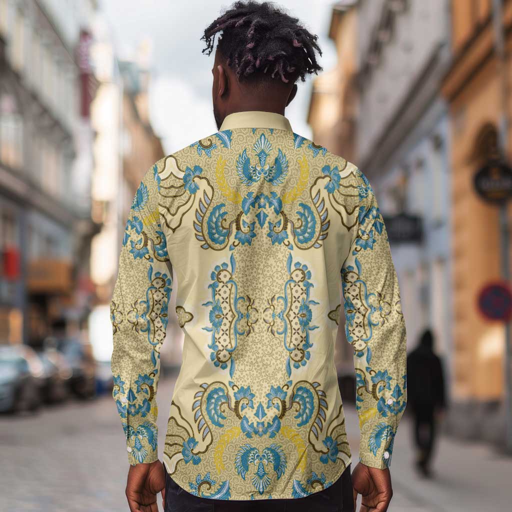 Madiba Nelson Mandela Batik Long Sleeve Button Shirt Yellow Blue Indonesia Heritage - African Pride