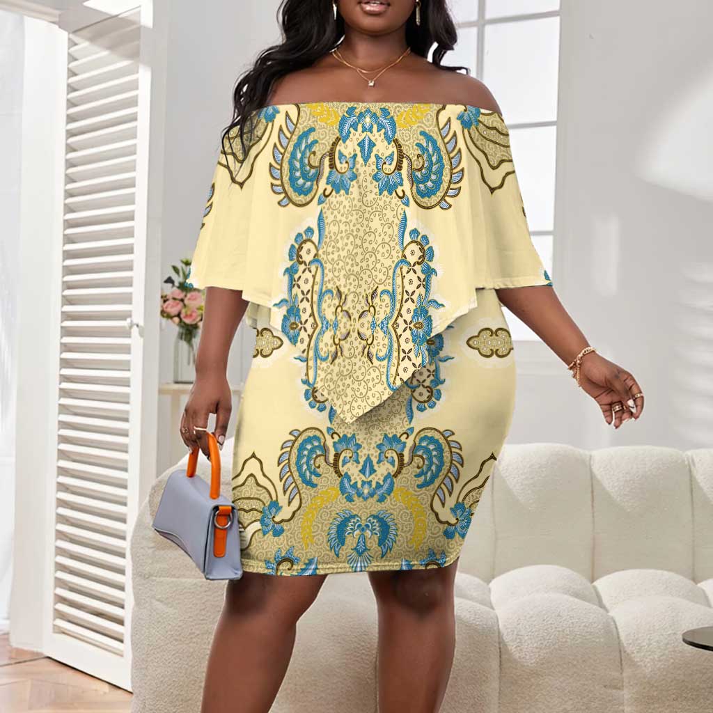 Madiba Nelson Mandela Batik Off Shoulder Short Dress Yellow Blue Indonesia Heritage - African Pride