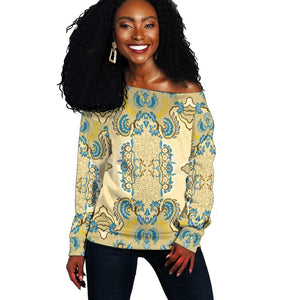 Madiba Nelson Mandela Batik Off Shoulder Sweater Yellow Blue Indonesia Heritage - African Pride