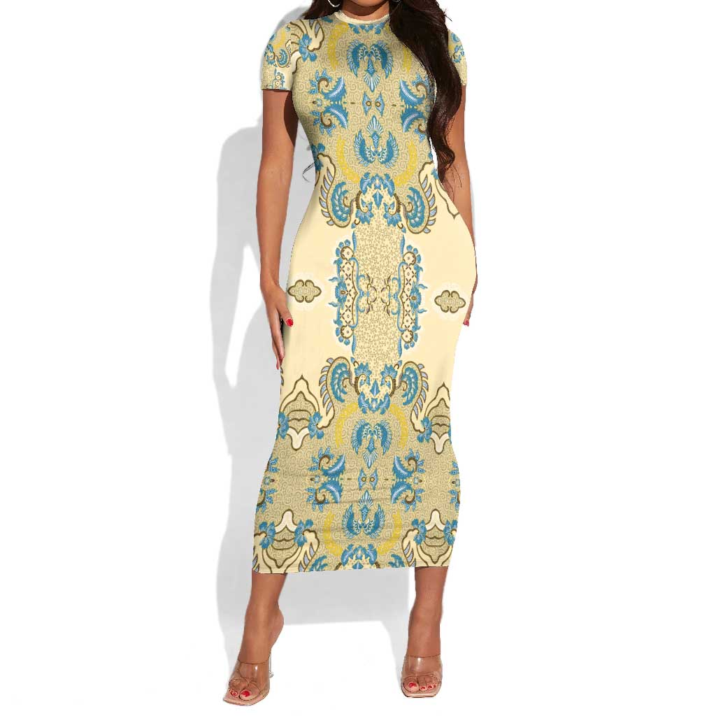Madiba Nelson Mandela Batik Short Sleeve Bodycon Dress Yellow Blue Indonesia Heritage - African Pride