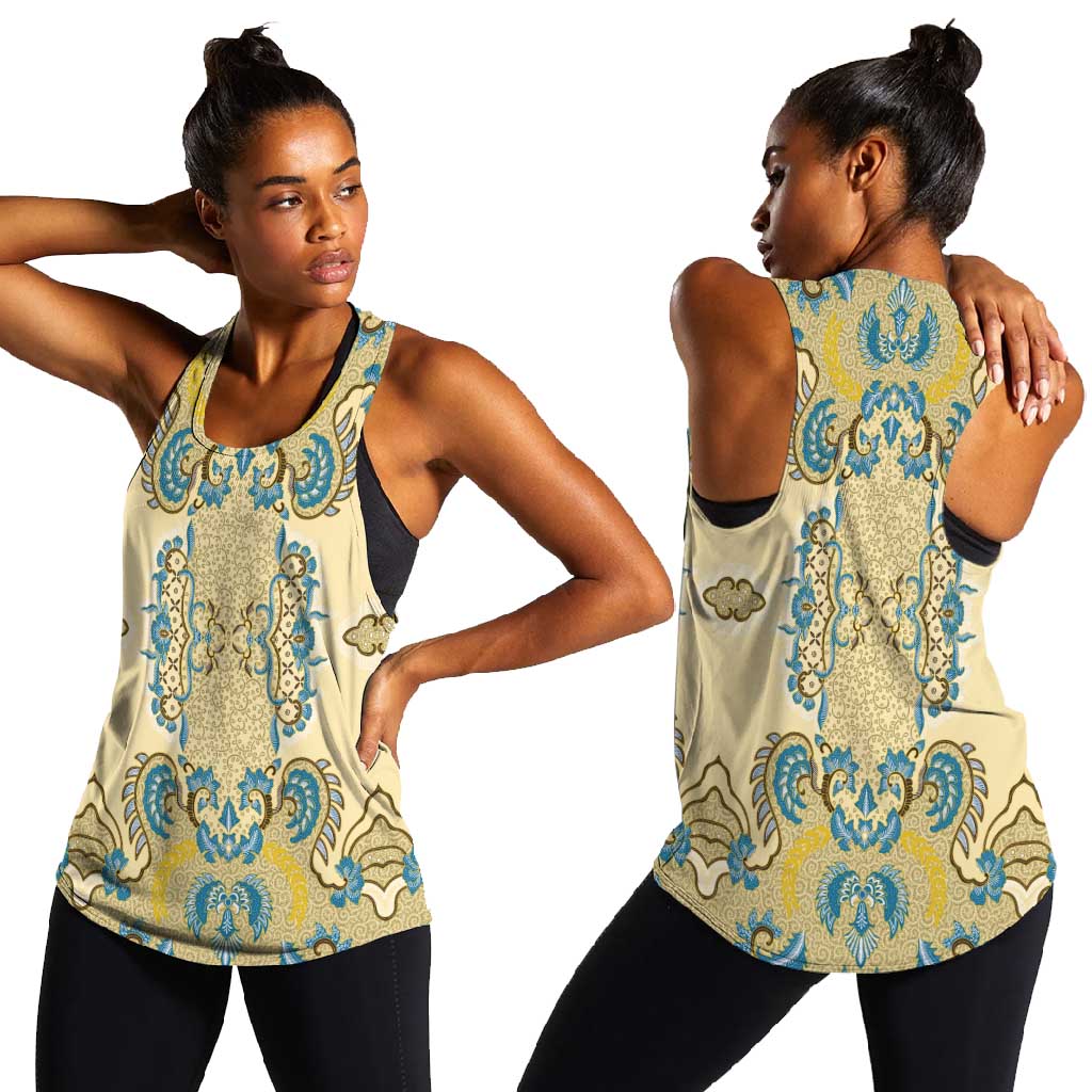 Madiba Nelson Mandela Batik Women Racerback Tank Yellow Blue Indonesia Heritage - African Pride