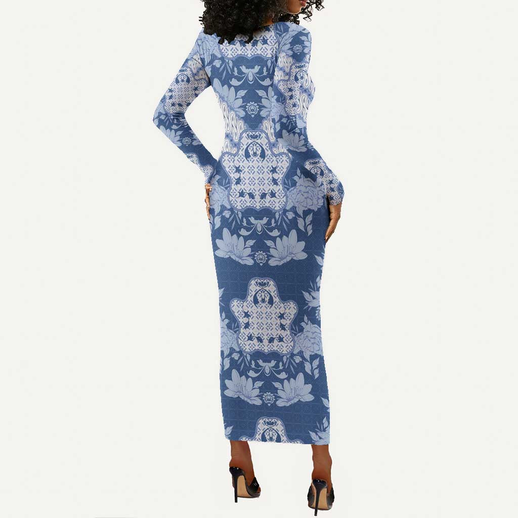 Indonesia Javanese Batik Nelson Mandela Madiba Blue Long Sleeve Bodycon Dress - African Pride