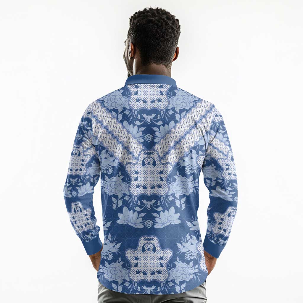 Indonesia Javanese Batik Nelson Mandela Madiba Blue Long Sleeve Polo Shirt - African Pride