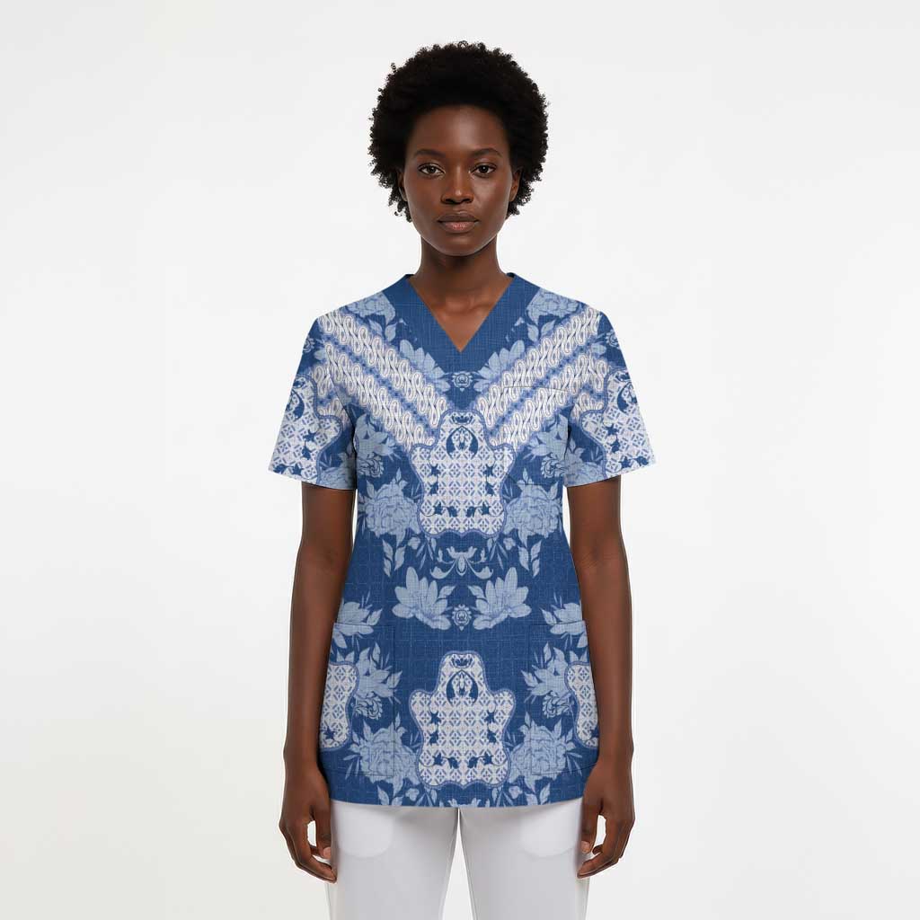 Indonesia Javanese Batik Scrub Top Nelson Mandela Madiba Blue - African Pride