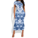 Indonesia Javanese Batik Nelson Mandela Madiba Blue Short Sleeve Bodycon Dress - African Pride
