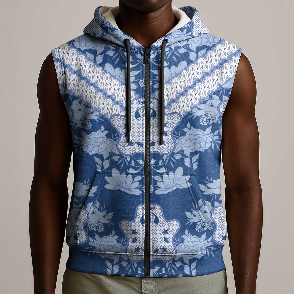Indonesia Javanese Batik Nelson Mandela Madiba Blue Sleeveless Zip Hoodie - African Pride