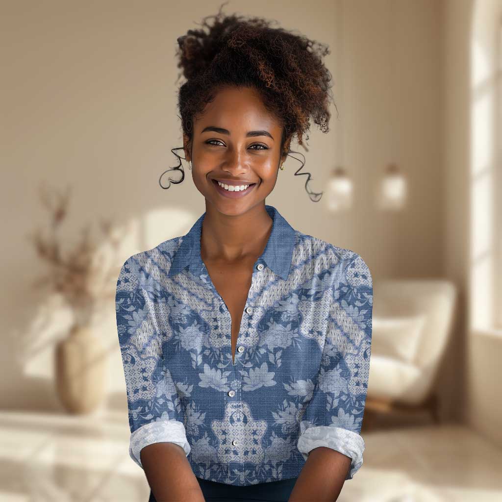 Indonesia Javanese Batik Nelson Mandela Madiba Blue Women Casual Shirt - African Pride