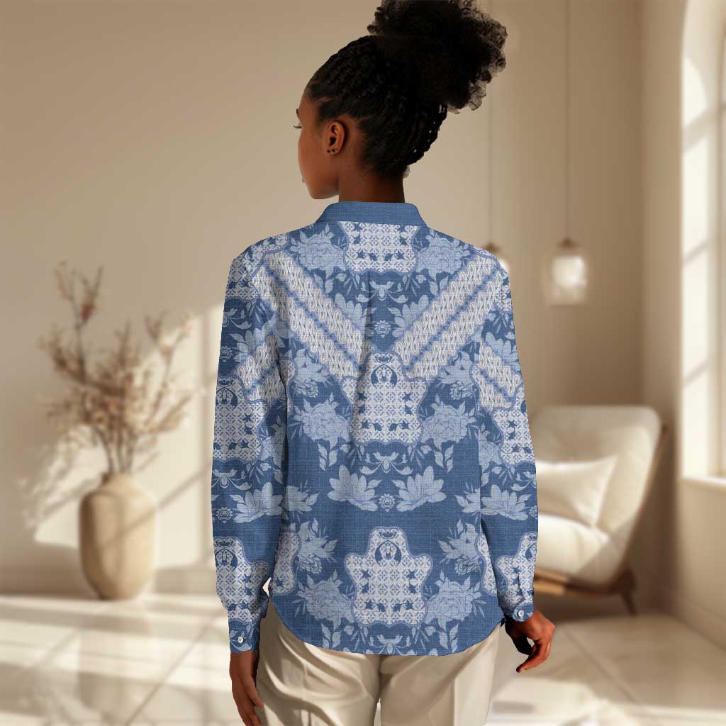 Indonesia Javanese Batik Nelson Mandela Madiba Blue Women Casual Shirt - African Pride