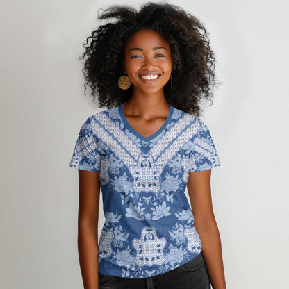 Indonesia Javanese Batik Nelson Mandela Madiba Blue Women V-Neck T-Shirt - African Pride