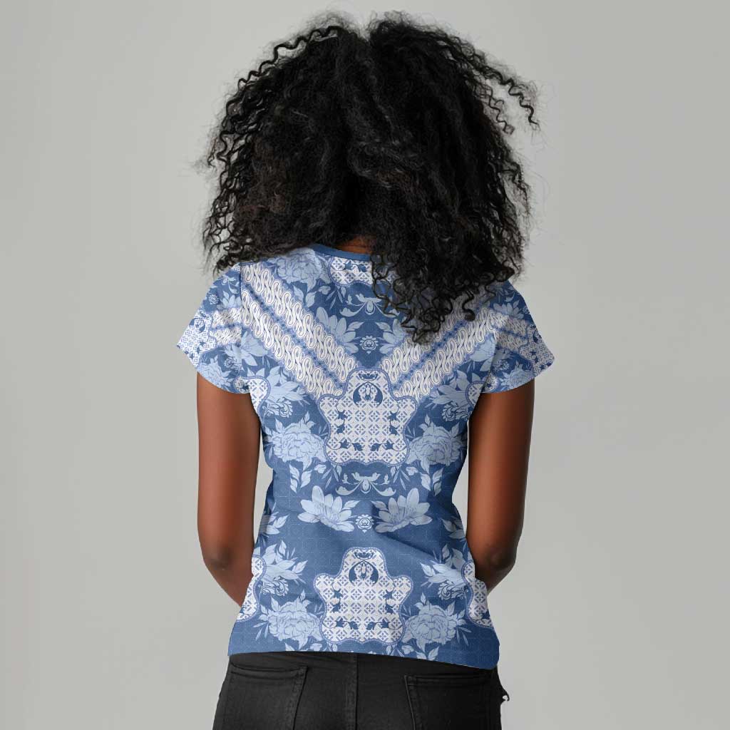 Indonesia Javanese Batik Nelson Mandela Madiba Blue Women V-Neck T-Shirt - African Pride