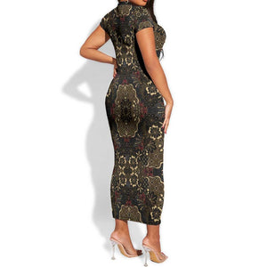 Indonesia Javanese Batik Nelson Mandela Madiba Vintage Style Short Sleeve Bodycon Dress - African Pride