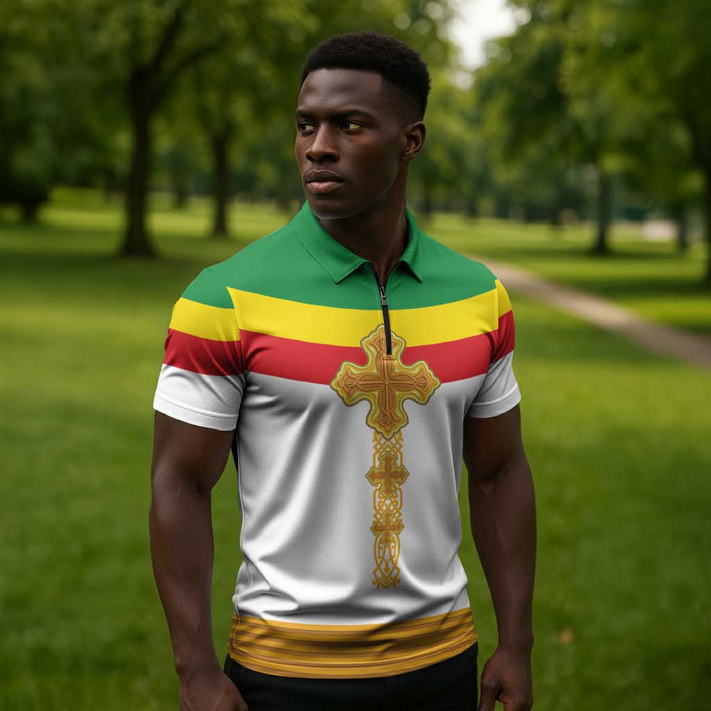 Ethiopia Meskel Zipper Polo Shirt Ethiopian Cross
