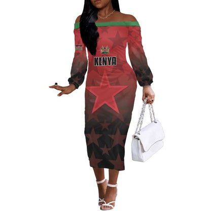 Custom Kenya Football Off The Shoulder Long Sleeve Dress Harambee Harambee Stars - Red Jersey - African Pride
