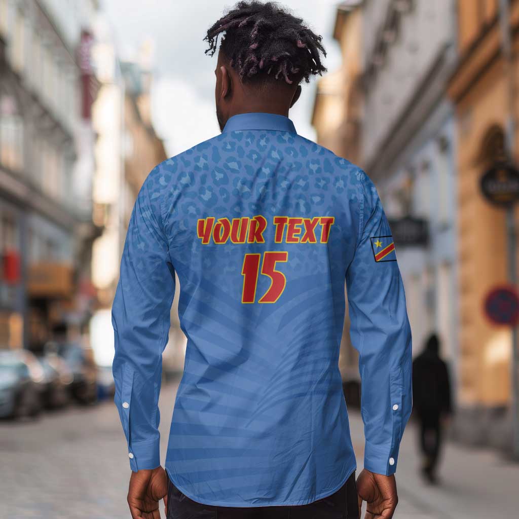Custom DR Congo Football Long Sleeve Button Shirt Allez Les Léopards - African Pride