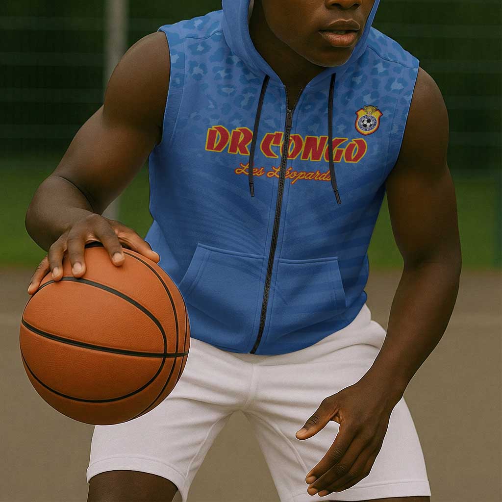 Custom DR Congo Football Sleeveless Zip Hoodie Allez Les Léopards - African Pride