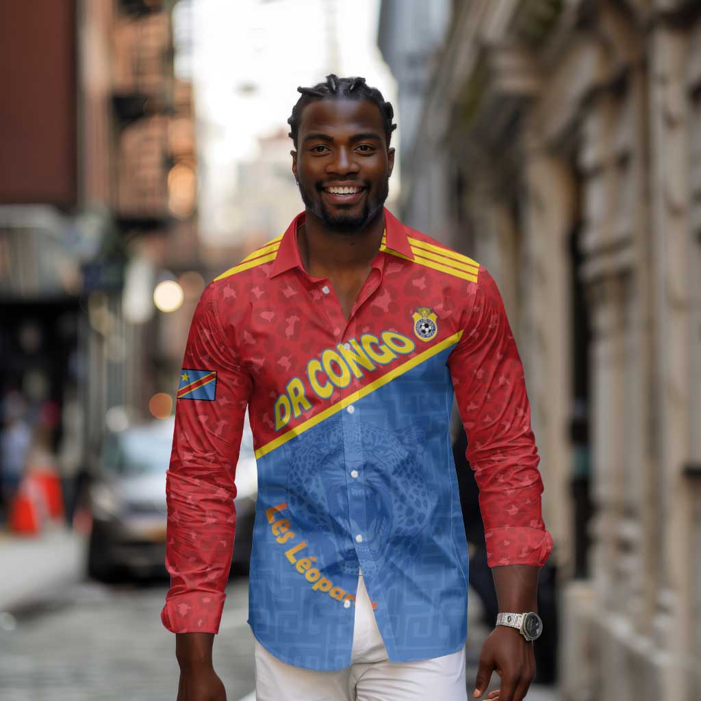 Custom DR Congo Football Long Sleeve Button Shirt Go Champions - African Pride