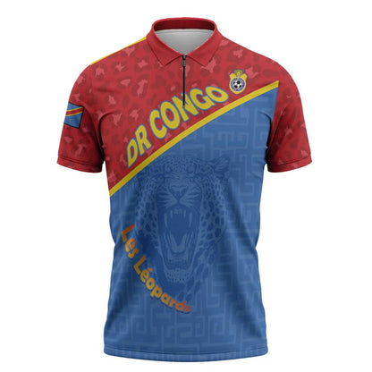 Custom DR Congo Football Zipper Polo Shirt Allez Les Léopards