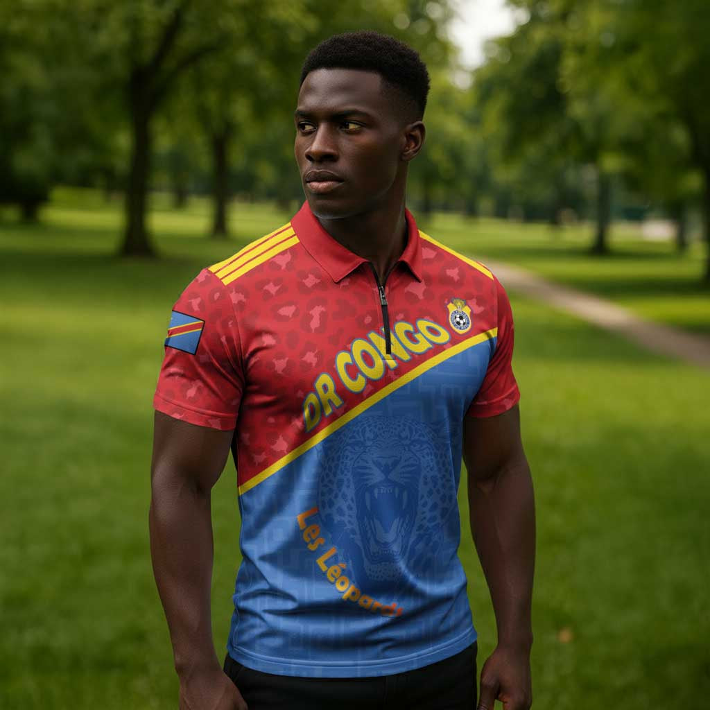 Custom DR Congo Football Zipper Polo Shirt Allez Les Léopards