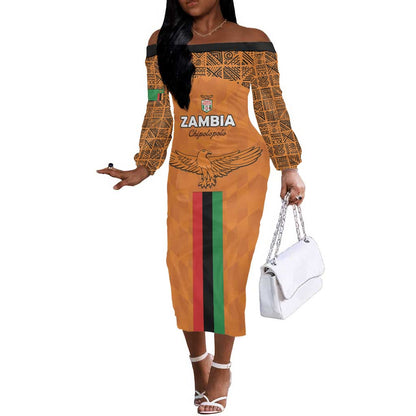Custom Zambia Football Off The Shoulder Long Sleeve Dress Come On Chipolopolo - African Pride