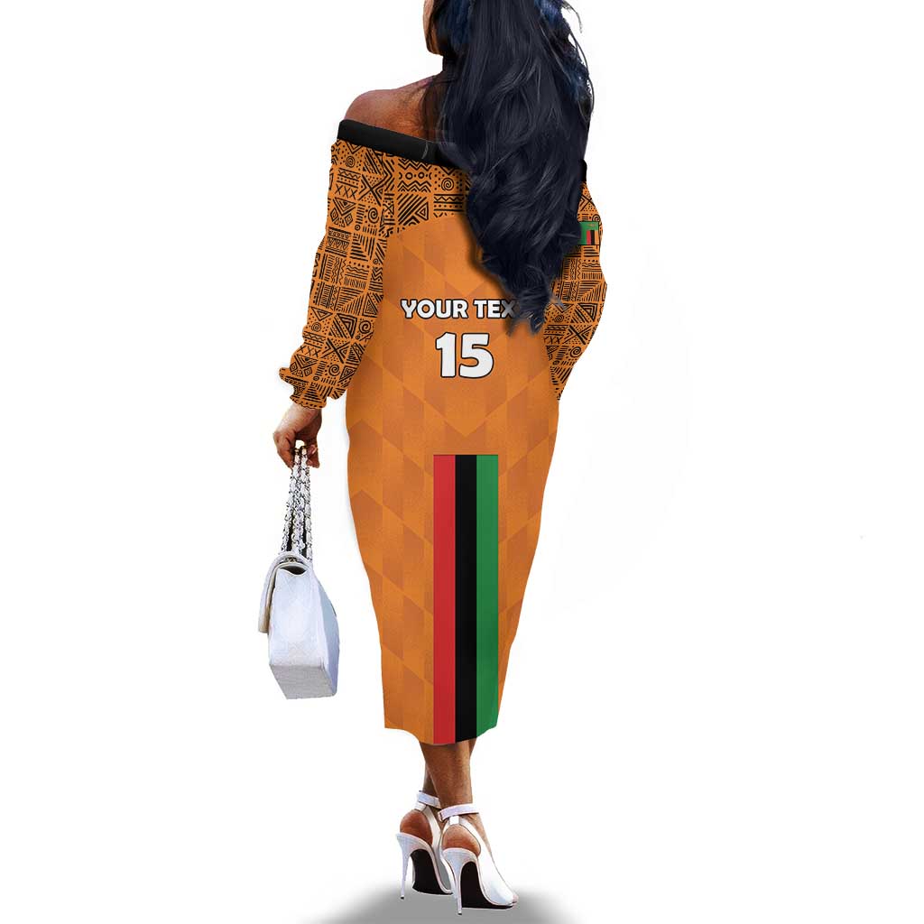 Custom Zambia Football Off The Shoulder Long Sleeve Dress Come On Chipolopolo - African Pride