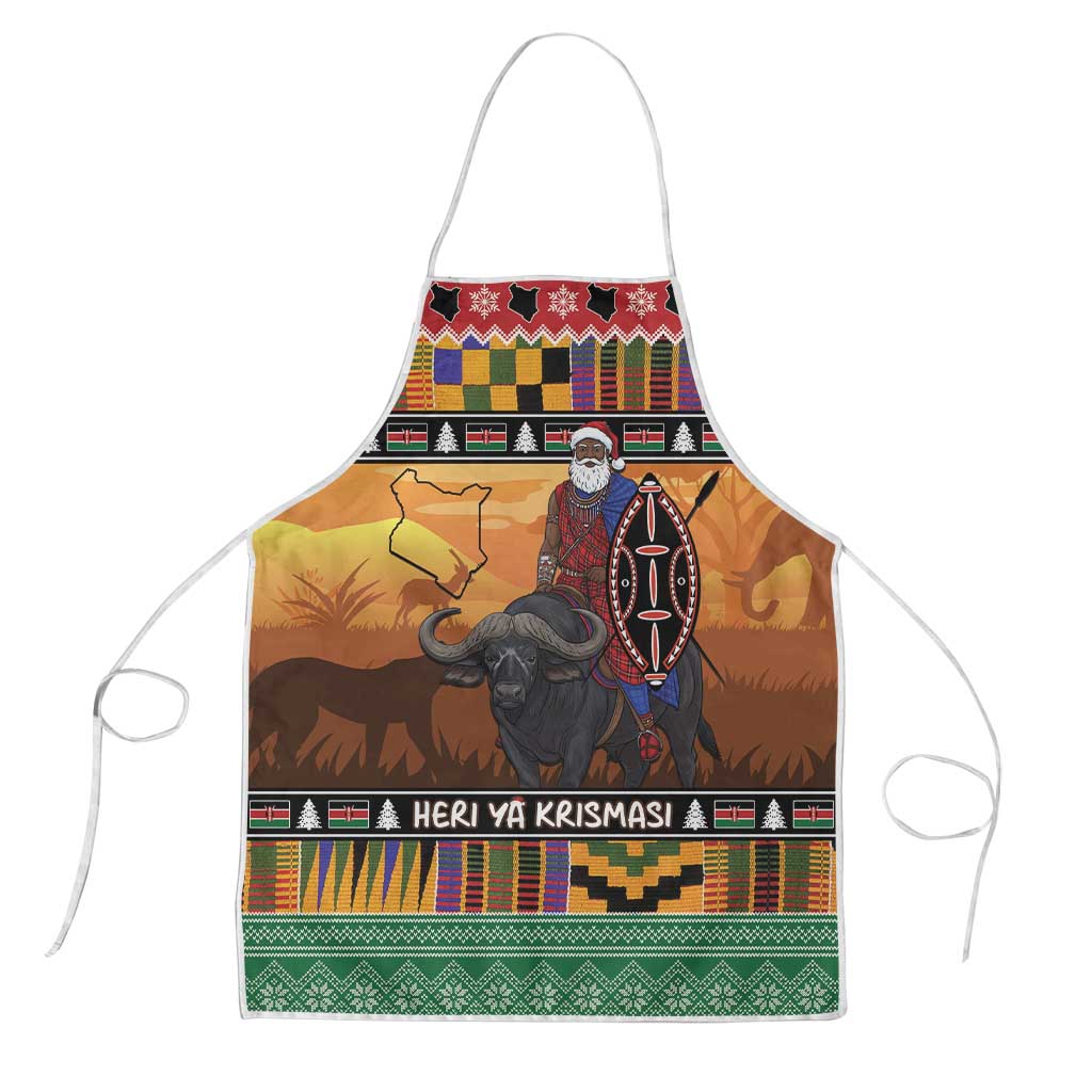 Kenya Safari Christmas Apron Black Santa Riding Cape Buffalo - Heri ya Krismasi