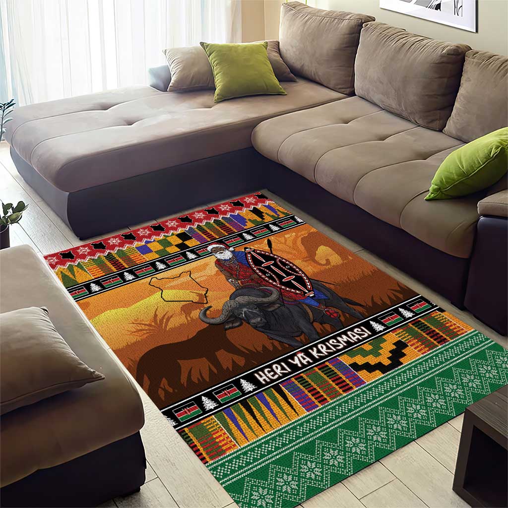 Afro Christmas in Kenya Safari Area Rug Black Santa Riding Cape Buffalo - African Pride