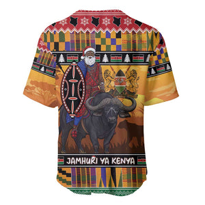 Afro Christmas in Kenya Safari Baseball Jersey Black Santa Riding Cape Buffalo - African Pride