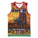 Afro Christmas in Kenya Safari Basketball Jersey Black Santa Riding Cape Buffalo LT15