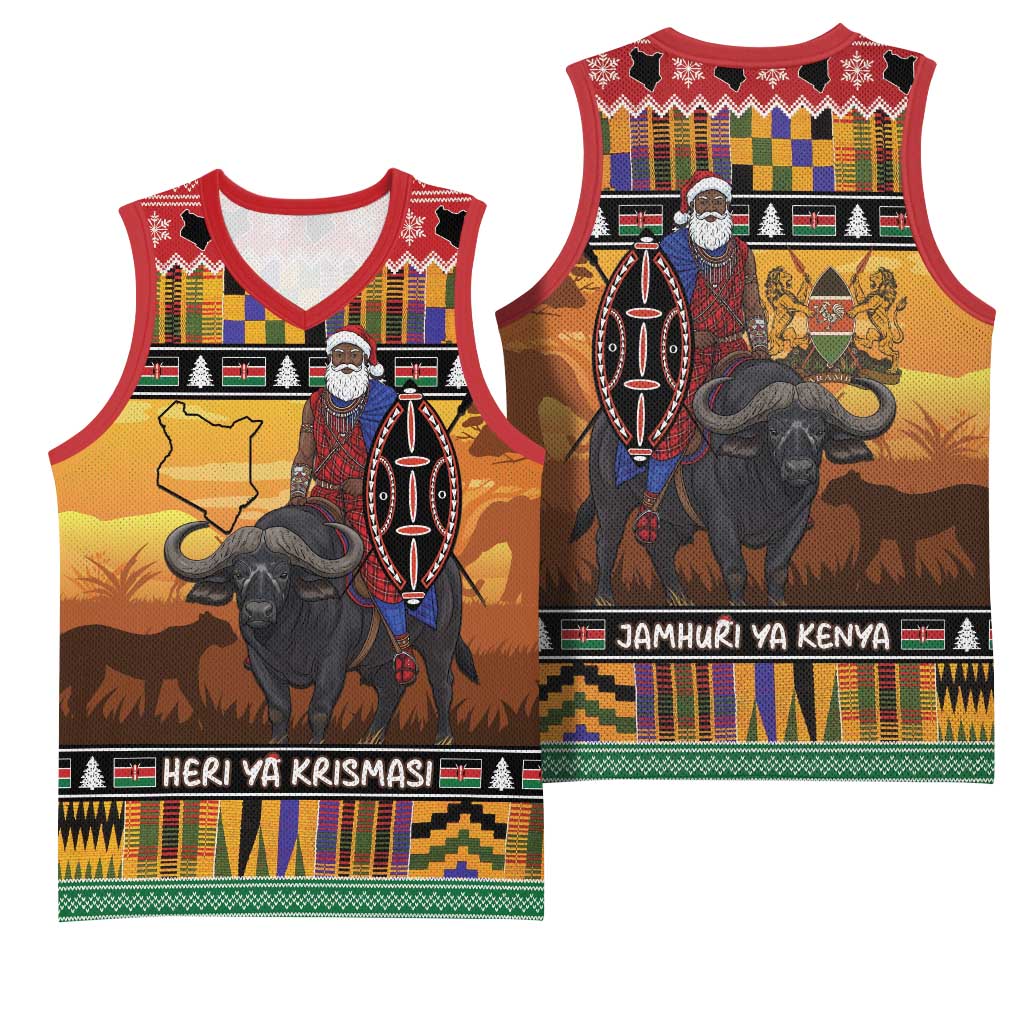 Afro Christmas in Kenya Safari Basketball Jersey Black Santa Riding Cape Buffalo LT15