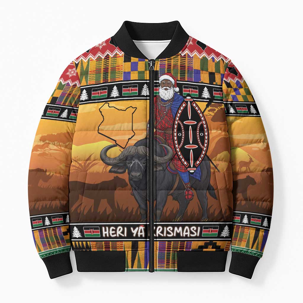 Kenya Safari Christmas Bomber Puffer Jacket Black Santa Riding Cape Buffalo - Heri ya Krismasi