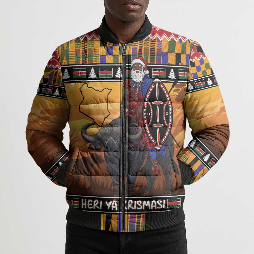 Kenya Safari Christmas Bomber Puffer Jacket Black Santa Riding Cape Buffalo - Heri ya Krismasi