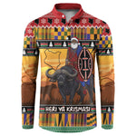 Kenya Safari Christmas Button Sweatshirt Black Santa Riding Cape Buffalo - Heri ya Krismasi