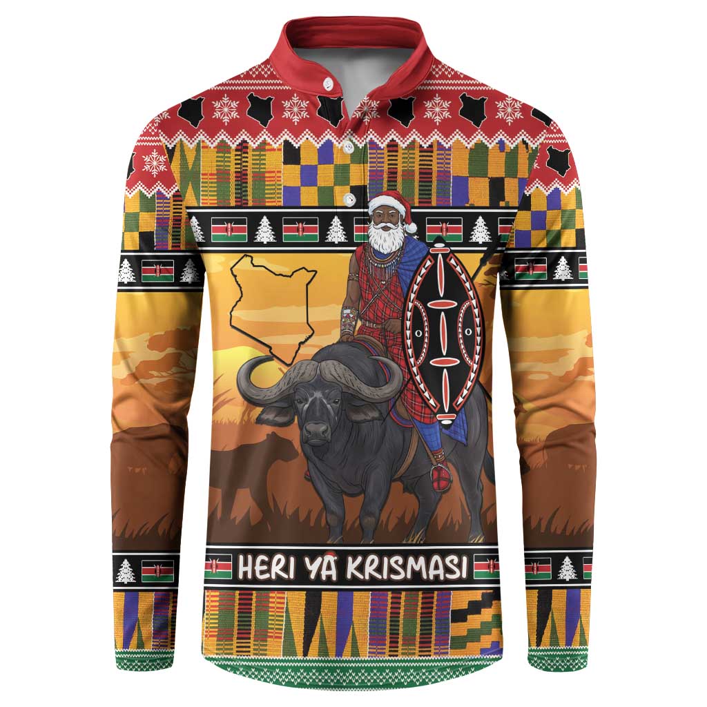 Kenya Safari Christmas Button Sweatshirt Black Santa Riding Cape Buffalo - Heri ya Krismasi