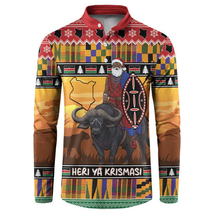 Kenya Safari Christmas Button Sweatshirt Black Santa Riding Cape Buffalo - Heri ya Krismasi