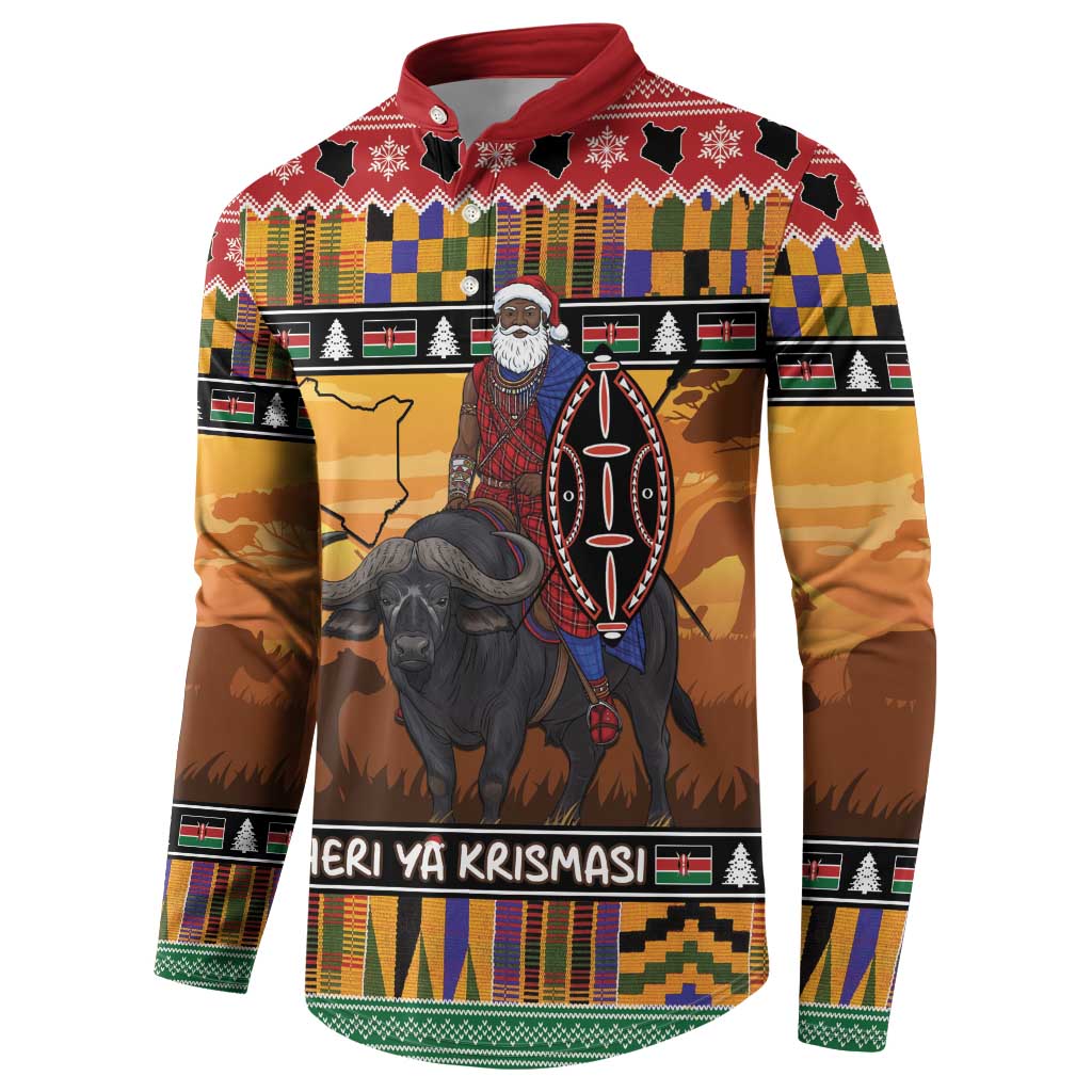Kenya Safari Christmas Button Sweatshirt Black Santa Riding Cape Buffalo - Heri ya Krismasi