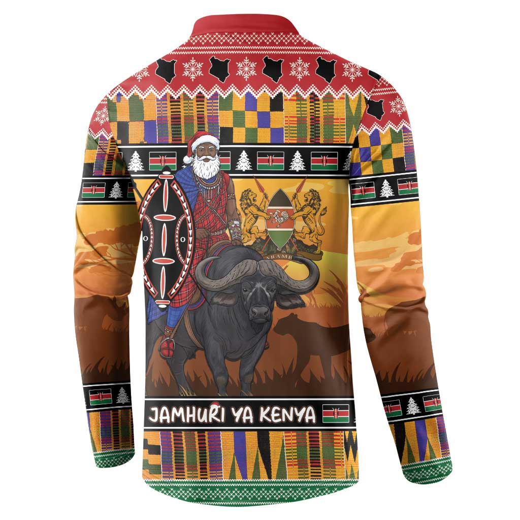 Kenya Safari Christmas Button Sweatshirt Black Santa Riding Cape Buffalo - Heri ya Krismasi
