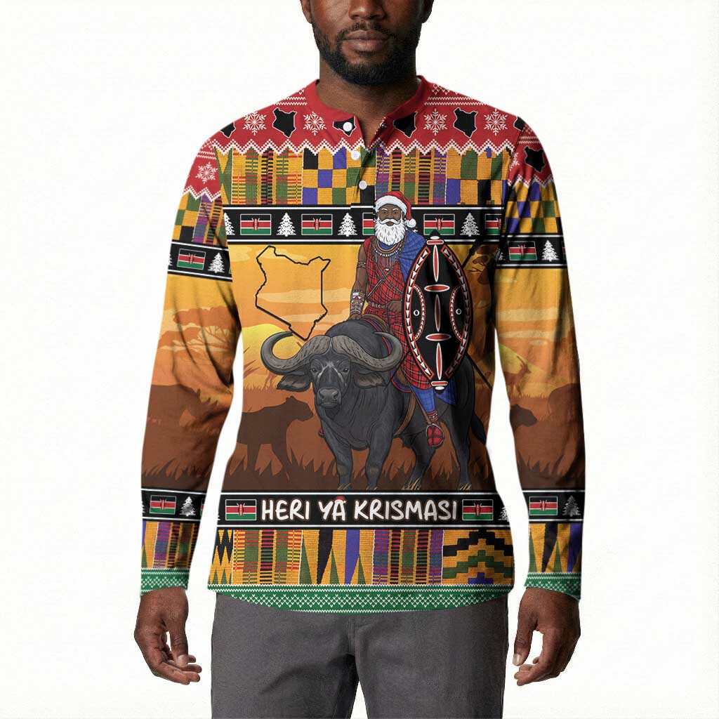 Kenya Safari Christmas Button Sweatshirt Black Santa Riding Cape Buffalo - Heri ya Krismasi