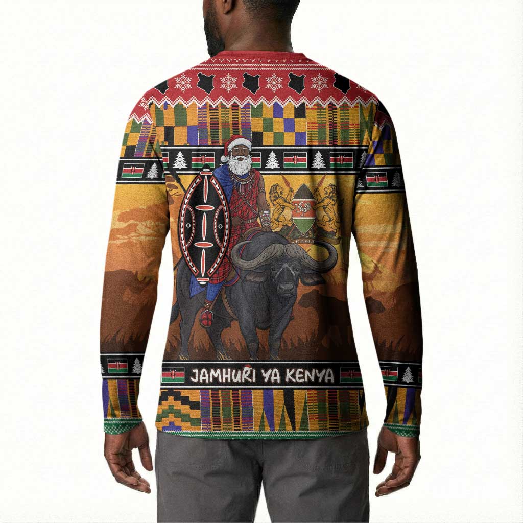 Kenya Safari Christmas Button Sweatshirt Black Santa Riding Cape Buffalo - Heri ya Krismasi