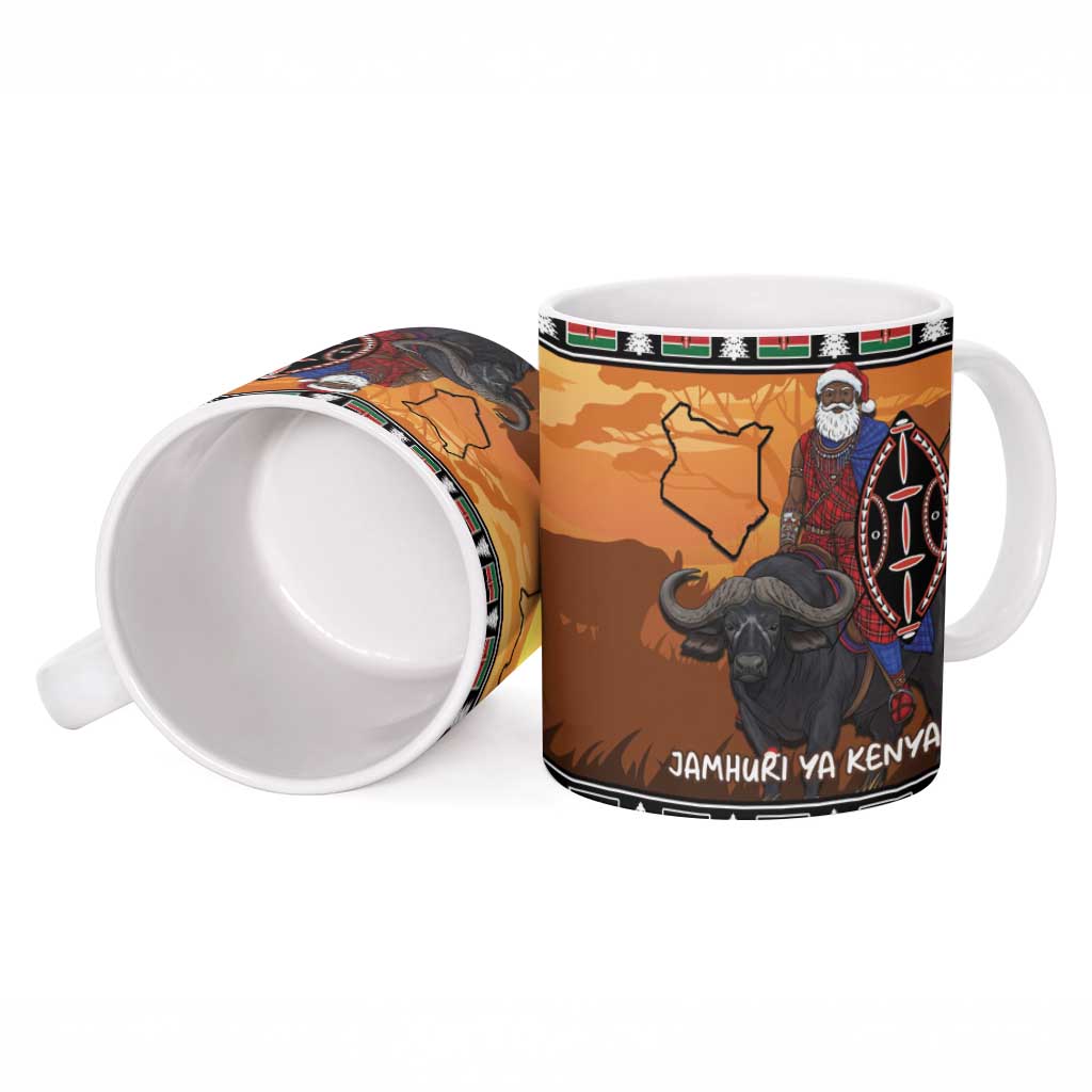 Kenya Safari Christmas Ceramic Mug Black Santa Riding Cape Buffalo - Heri ya Krismasi
