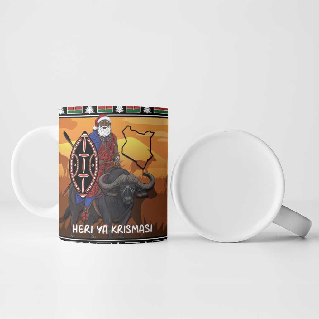 Kenya Safari Christmas Ceramic Mug Black Santa Riding Cape Buffalo - Heri ya Krismasi